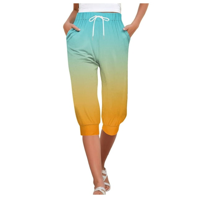 YDLCAFD Capris For Women Print Pants Bottom High Waist Drawstring Joggers
