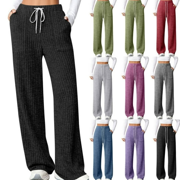 Gamivast Ribbed Pants for Women Lounge High Elastic Waist Trousers with Pockets Tall Work Drawstring Sweatpants Comfortable Athletic Solid Color Joggers