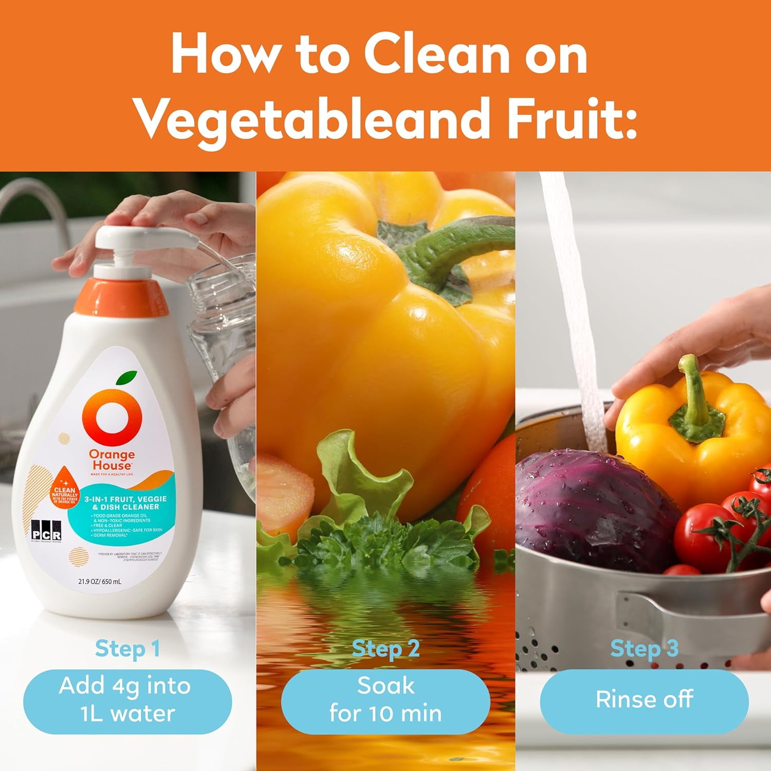 3 in 1 Plant Based Dish Soap, Non Harmful Ingredients Veggie Wash, Orange Oil Fruit and Vegetable Wash, Convenient Fruit Wash, 21.9 Fl Oz Fruit Cleaner, Natural Dish Soap (1 Pack)