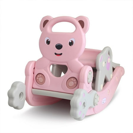 Volity Baby Rocking Horse Slide Set, 4 in 1 Toddler Climbing and Animal Rocker Playset with Basketball Hoop and Ferrule, Indoor Outdoor Playground Slide Climber for Kids(Pink)