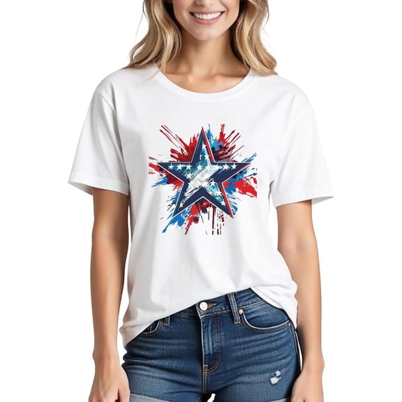 Xdegoge Patriotic Star Graphic T Shirt for Women Short Sleeve Crewneck Casual Regular Fit 4th of July American Flag Theme Summer Tops Tees