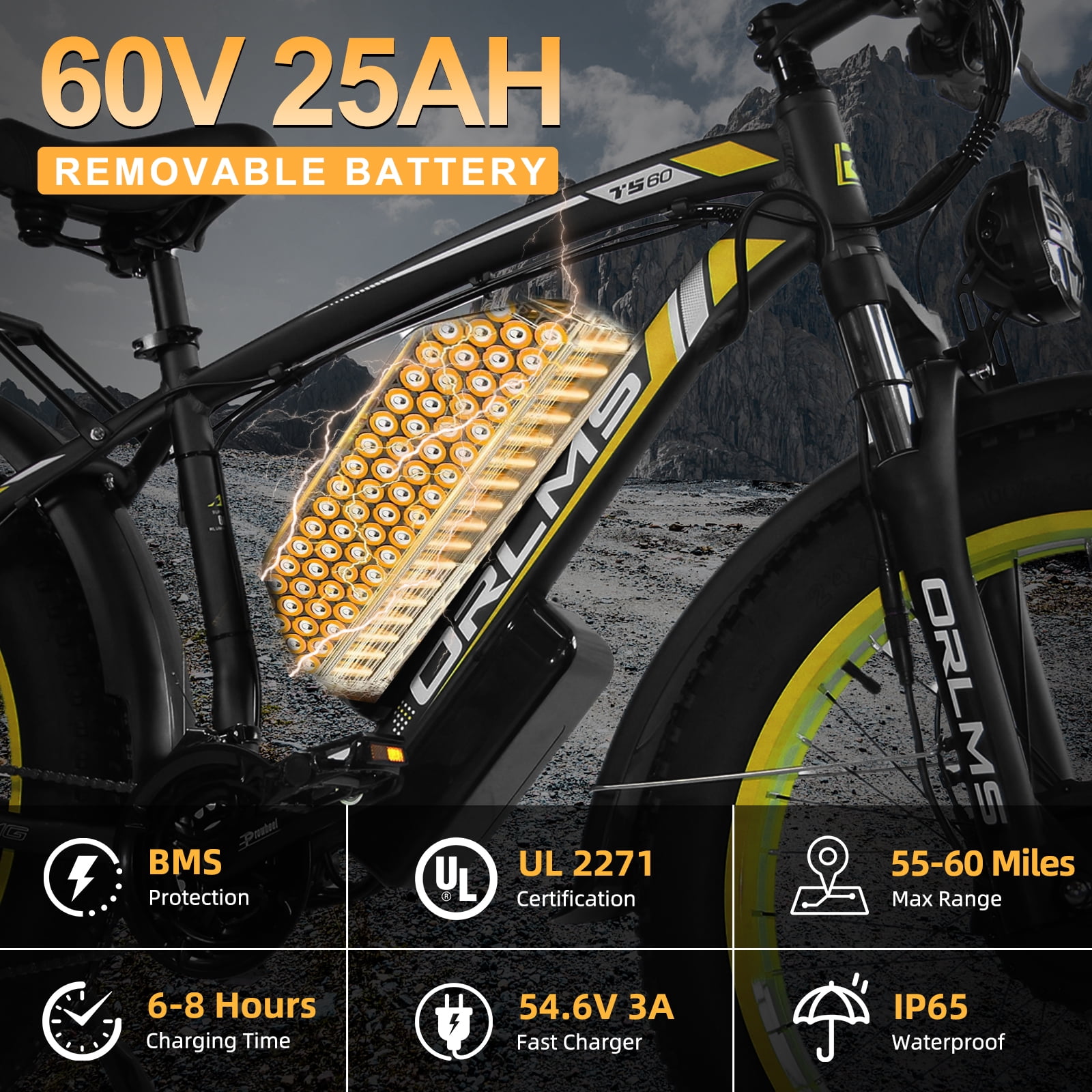 5000W Peak Dual Motor E-Bike, 60V 25AH Battery Electric Bike for Adults, 45MPH Mountain AWD 21-Speed Snow E-Bike with 26" x 4.0 Fat Tire, Long Range Mountain Dirt Off-Road