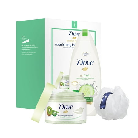 Dove 3-Pc Beauty Gift Set Kiwi Seeds & Cool Moisture with BONUS Pouf (Body Polish, Body Wash)