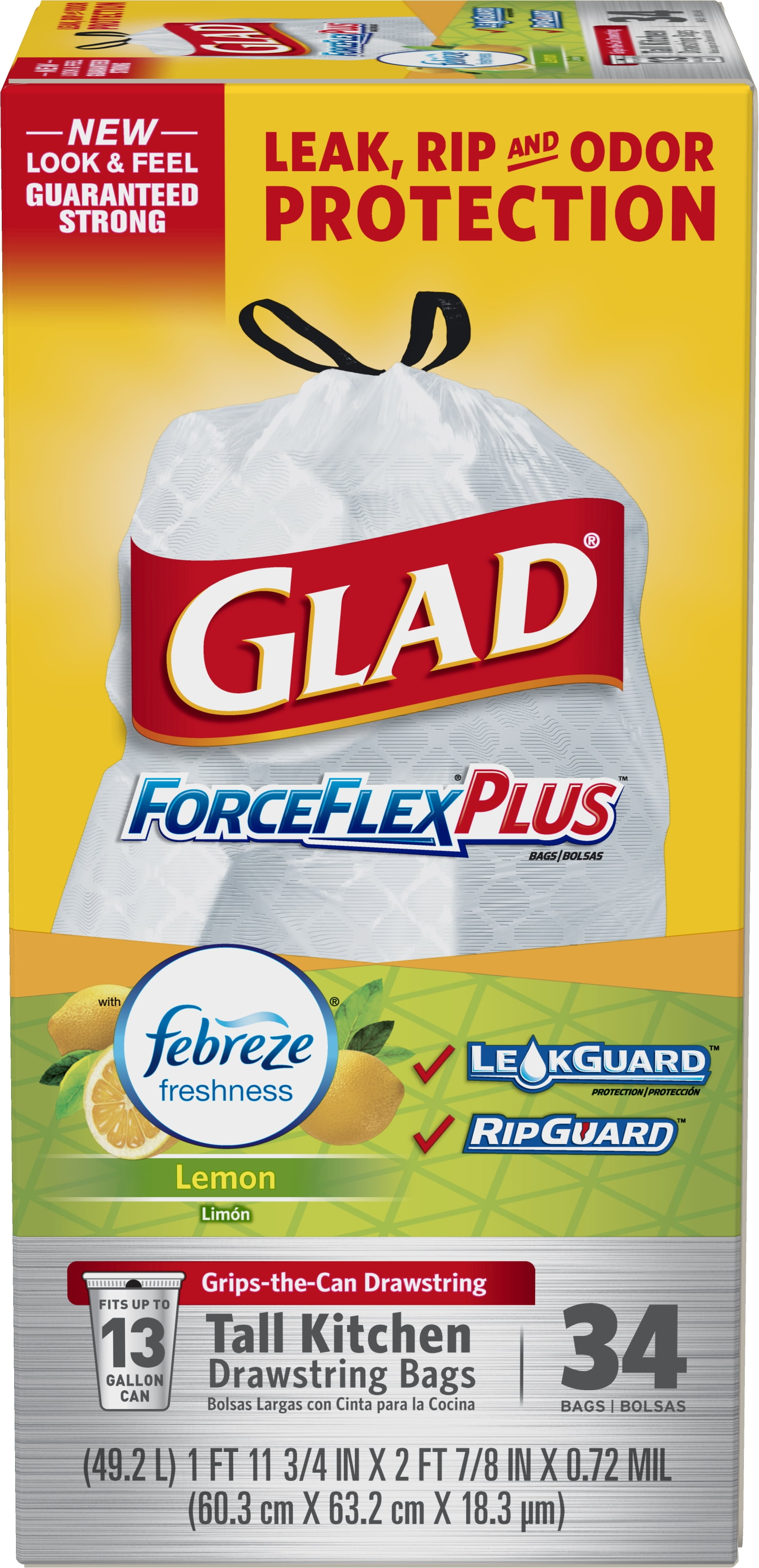 Glad Tall Kitchen Drawstring Trash Bags ForceFlexPlus 13 Gallon White