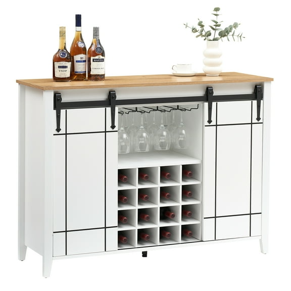 Acekid 47" Farmhouse Coffee Bar Cabinet with Storage, Wine Bar Cabinet with Sliding Barn Door, Buffet Sideboard Cabinet with 16 Bottle Wine Rack