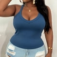 thumbnail image 2 of Women's Plus Size V Neck Ribbed Halter Tank Top, Sleeveless Cropped Fitted Cami for Summer, for Going Out, Layering or Casual Daily Wear (without Padding) Blue XXL, 2 of 6