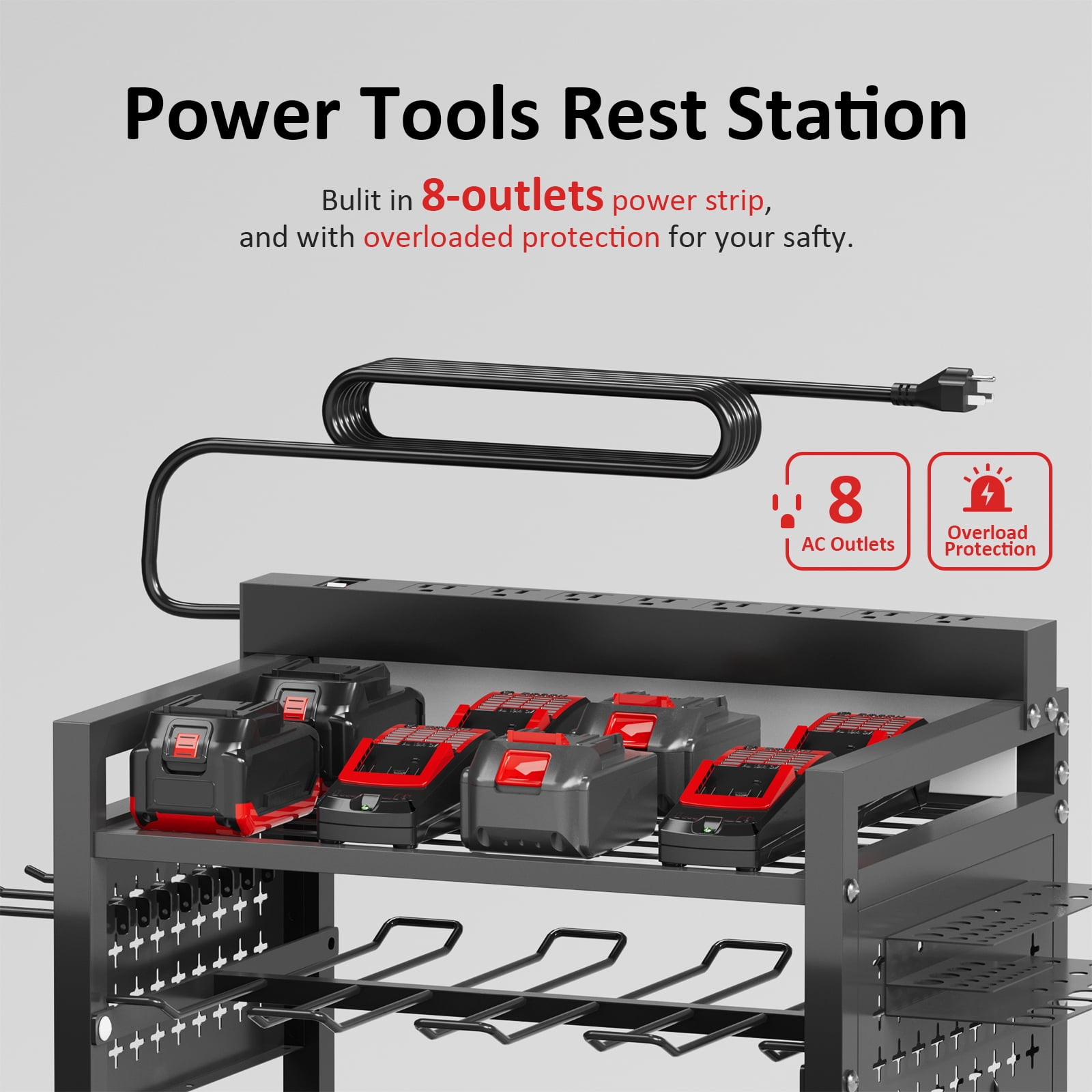 VDEVY Power Tool Organizer Cart with 8 Charger Ports & Adjustable Storage, Garage Workshop Utility Cart for Mechanic, Birthday Gift Ideas for Men