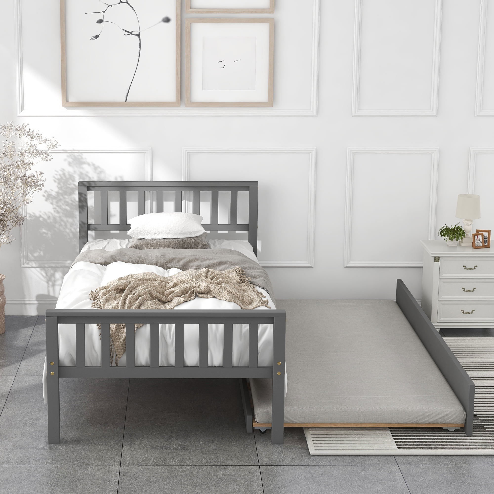 Aukfa Twin Platform Bed with Trundle for Kids - Wood Bed Frame - Gray