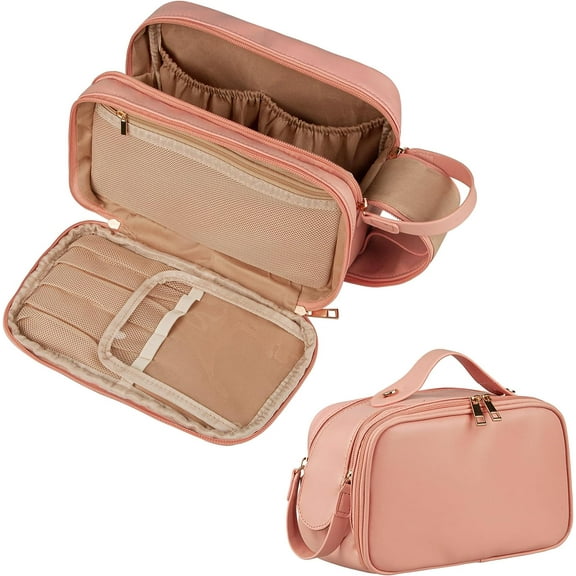 Toiletry Bag, PU Leather Travel Toiletry Organizer, Double Zipper Large Opening Travel Cosmetic Bag, Portable Large Capacity Travel Makeup Bag for Women Pink