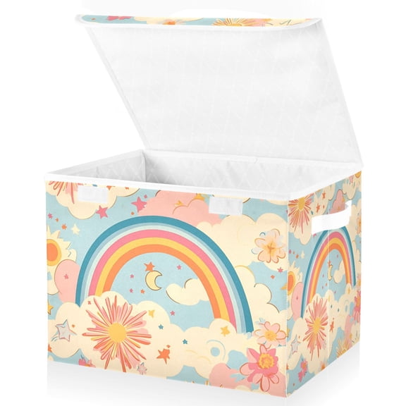 Yayeee Collapsible Cube Storage Bin with Lid Fabric Closet Decorative Basket with Handles, Pink Retro Sun
