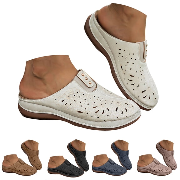 Dakaela Closed Toe Clogs for Women Comfortable Low Wedge Slip on Mules Summer Casual Walking Platform Slides Hollow Flower Dressy Shoes Size 6-10 Black