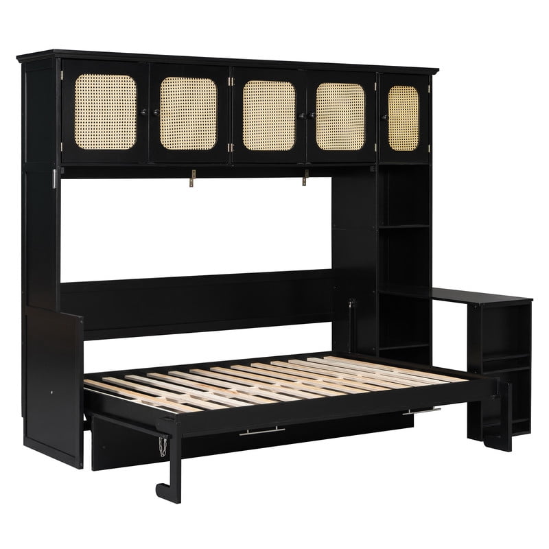 Full Size Murphy Bed with Desk and Open Shelf, Space-Saving Wall Folding Platform Bed Frame with Rattan-Door Cabinets