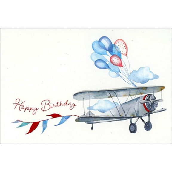 Pictura Balloons and Banner Tied to Biplane Birthday Card