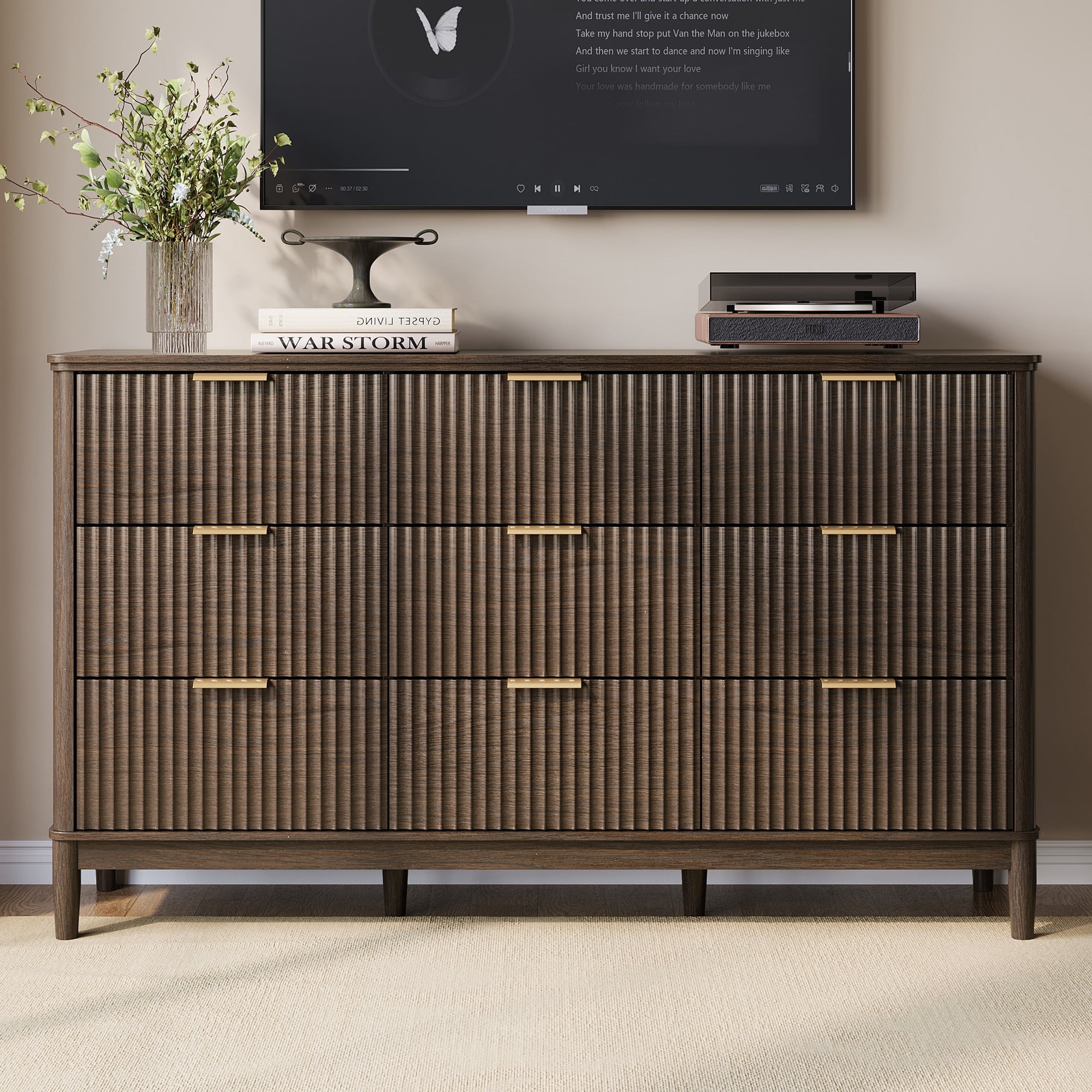 Linsy Home Oversized Fluted Dressers for Bedroom, Wide Chest of 9 Drawers, Dark Brown
