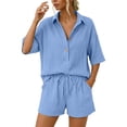 thumbnail image 3 of WAYUTE Short Sets Women 2 Piece Outfits Trendy Lapel Solid Color Blend Shirt and Shorts with Pockets Comfortable Soft Summer Casual Wear, 3 of 7