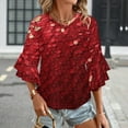 thumbnail image 3 of Red Paillette Sequin Pattern Women's V-Neck Blouse With 3/4 Ruffled Bell Sleeves Casual Top Ladies Blouses, 3 of 7