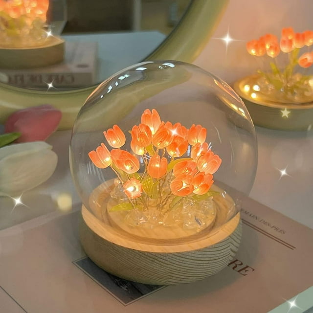 Luz nocturna de tulipán: lámpara de mesa hecha a mano, decoración de escritorio con tulipanes de vidrio de simulación para dormitorio, lámpara de noche, regalo de San Valentín para parejas d