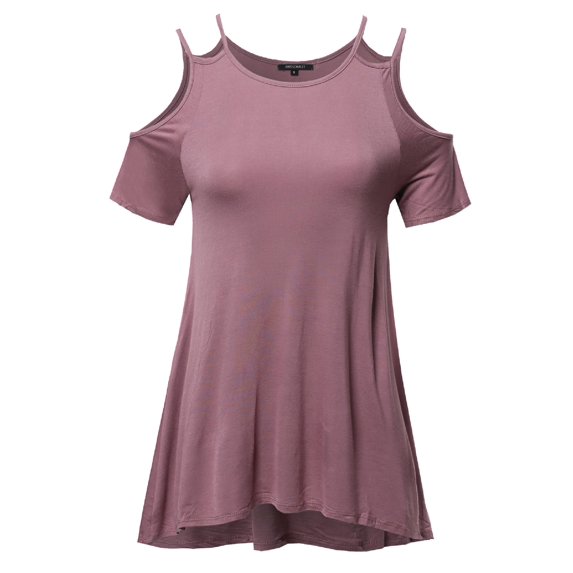 FashionOutfit Women's Solid Soft Stretch Asymmetrical Cold Shoulter Ruffle Sleeve Top