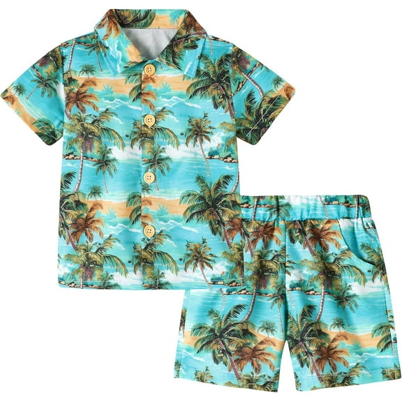 CARETOO Toddler Baby Boy Clothes Hawaiian Outfit Shorts Sets Printed Button Down Shirt and Shorts Summer Beach Clothes Size 12-18 Months