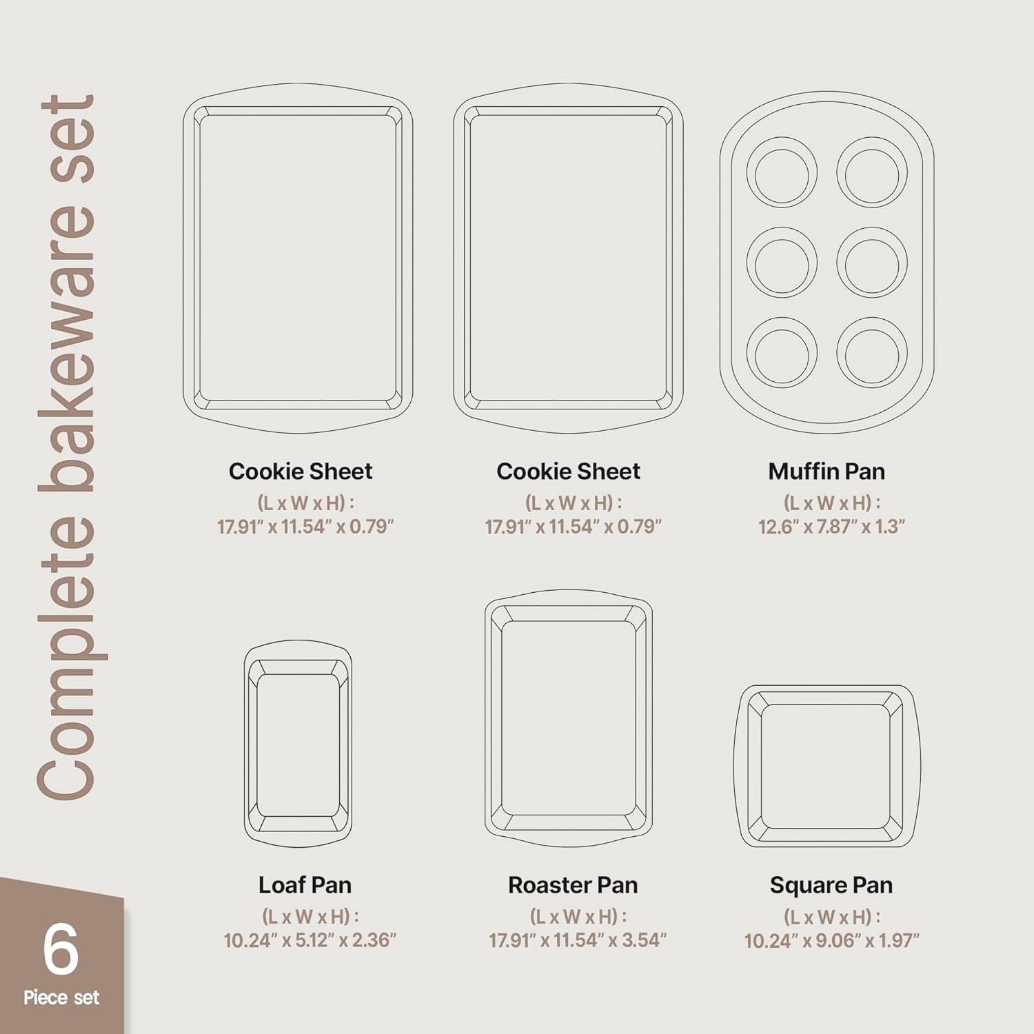 Bakken- Swiss Kitchen Baking Pan Set - Nonstick Gray Coating, Commercial Grade Carbon Steel, Baking Kitchen Essentials, Oven Safe Tray (Up To 450° F), Set of 6