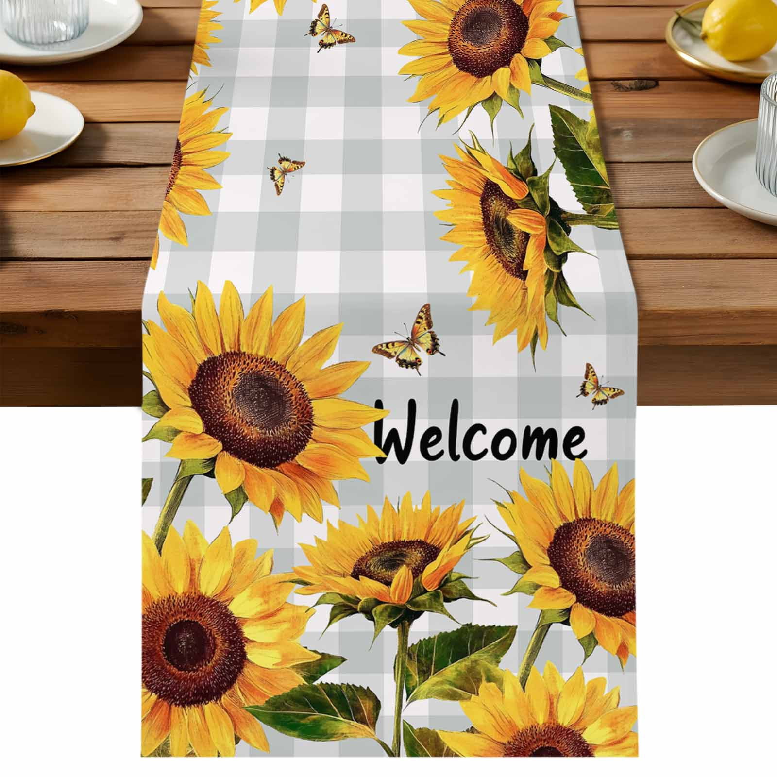 Spring Gradient Yellow Sunflower Table Runner 90 Inches Long, Farm Butterfly on Grey Plaid Table Runners Tabletop Scarf Kitchen Dining Tables Decoration for Home Party Indoor Outdoor