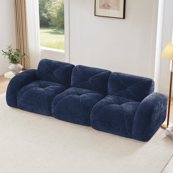 110"Boneless Sofa Tufted, Soft Velvet Fabric, Modular Sectional Sofa Couches, 32D High Density Sponge, Anti-Slip Design, Ergonomic Design Bottom, No Assembly Required, For Study, Home Theater (Blue)