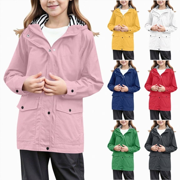 larppty Girls Waterproof Rain Jacket Kids Windproof Windbreaker Zip Up Button Down Hooded Raincoat Trendy Pocket Jacket (Pink,7-8 Years)