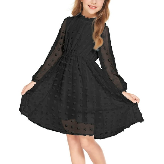 Arshiner Flypigs Tween Girls Long Sleeve Fall Dresses Swiss Dot Casual Party Dress