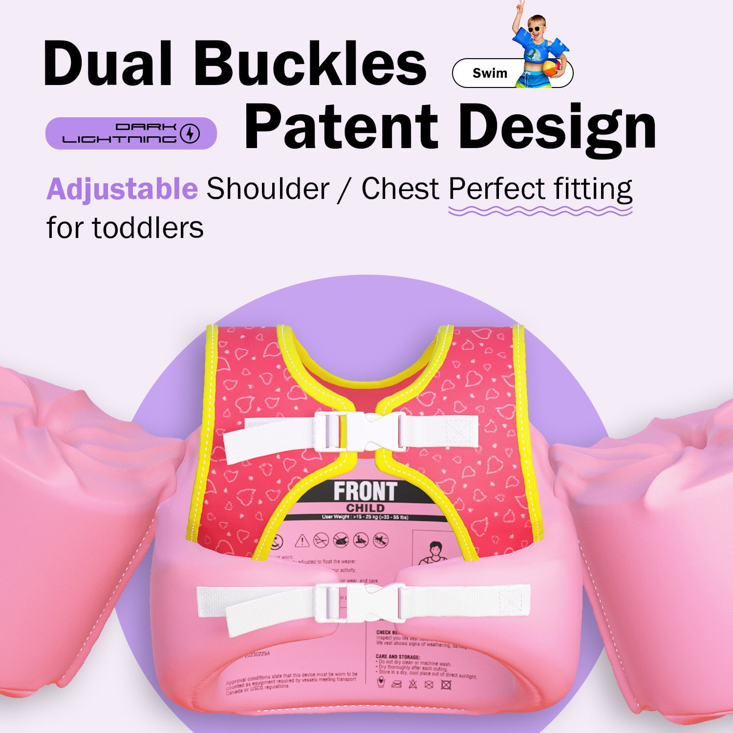 Dark Lightning USCG Approved Life Jacket for Kids, Toddler Swim Vest with Arm Floats for Pool, Flamingo