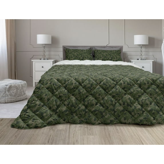 Camouflage Comforter & Sham Bedding Set, Dark Tones Camo Warrior Fashion Inspired Pattern, 3 pcs Duvet Set Microfiber Filling Quilt, 5 Sizes, Green Evergreen, by Ambesonne