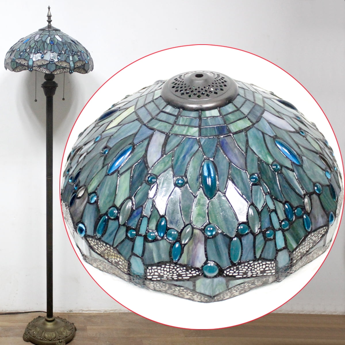 Werfactory 64" 2-Light Boho Antique Bronze Floor Lamp with Stained Glass Multicolor Dragonfly Dome