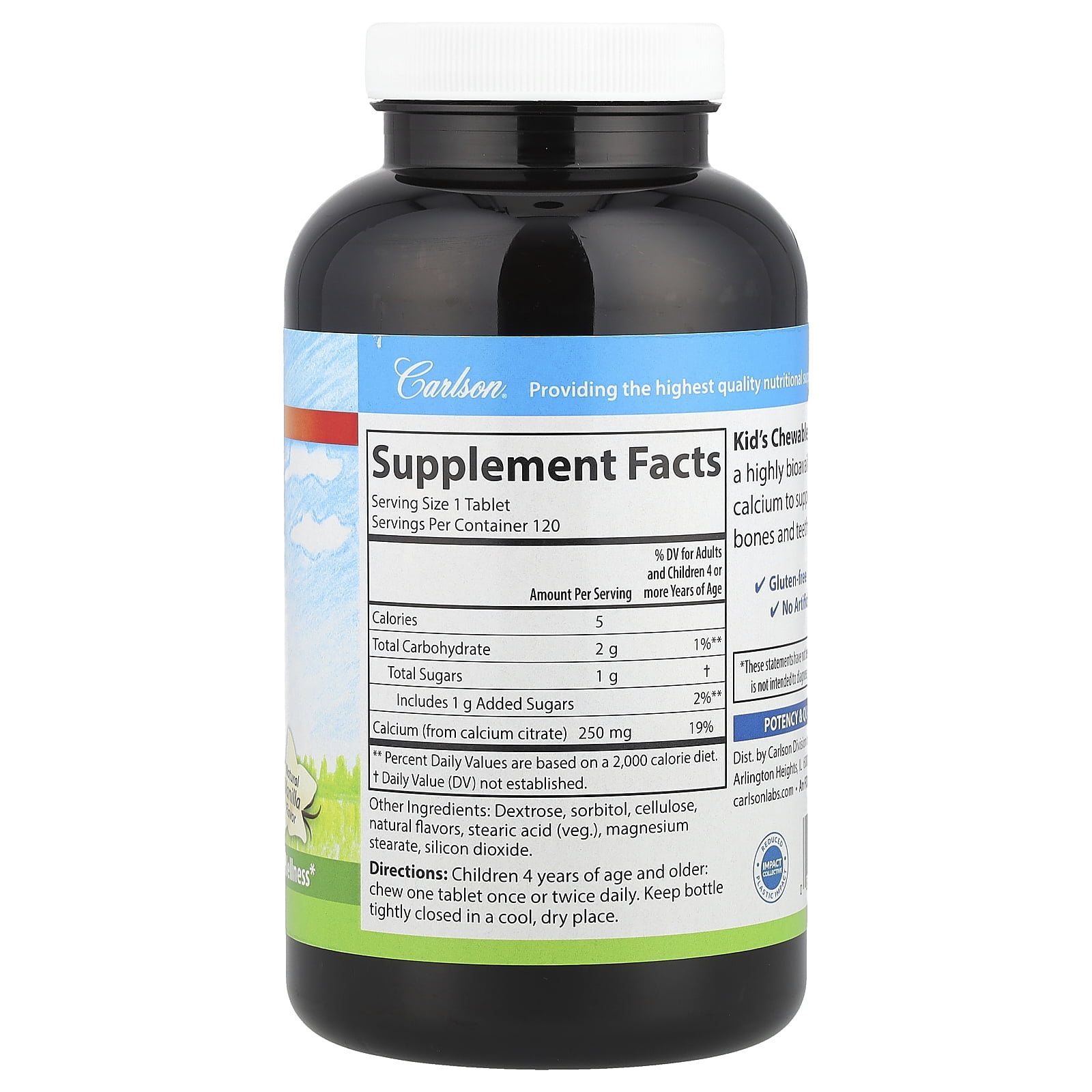 Carlson Kid's, Chewable Calcium, Natural Vanilla, 250 mg, 120 Tablets