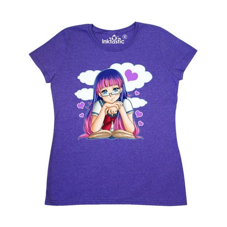 Anime Girl with Glasses Reading with Cloud and Hearts Women's T-Shirt