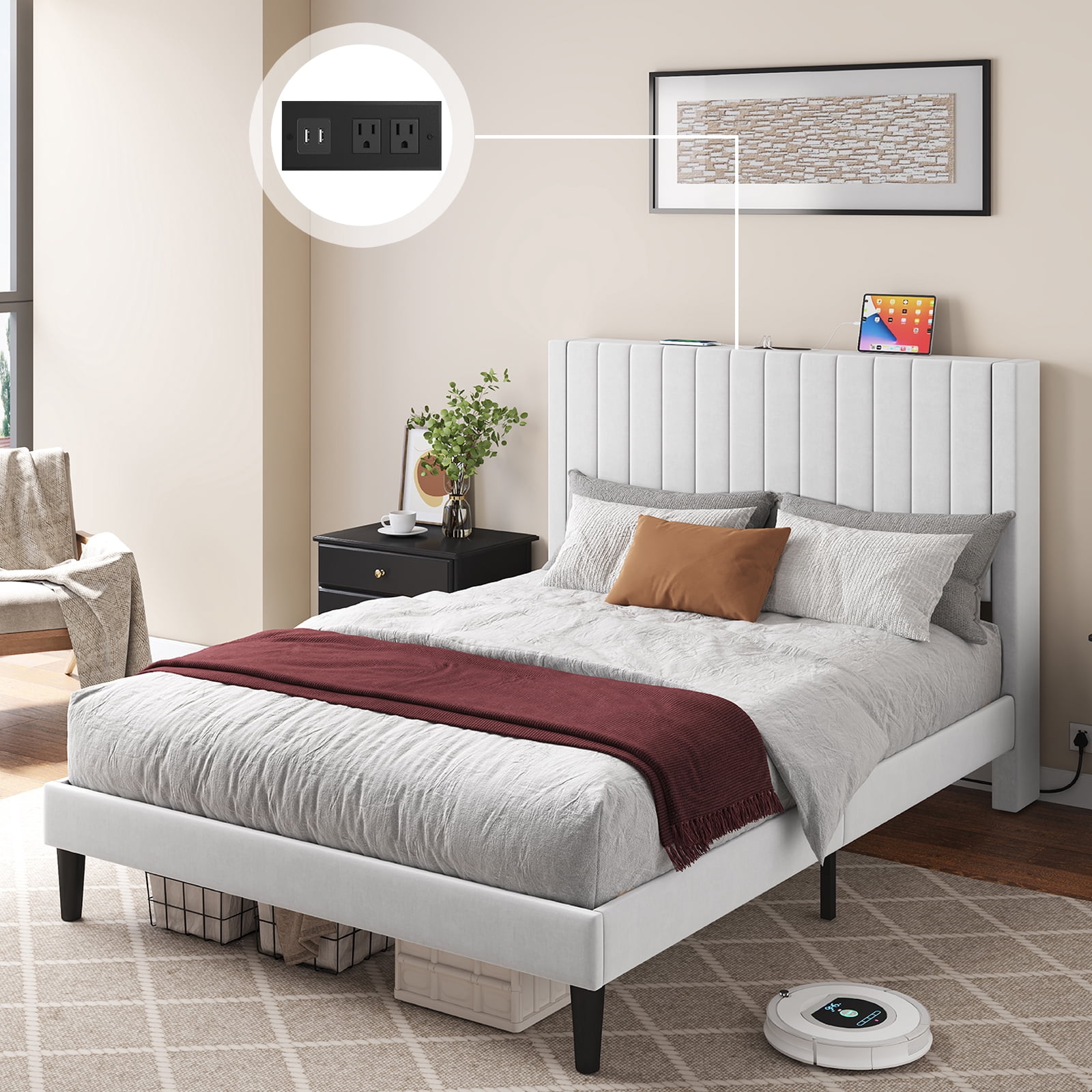 Merluxy Queen Size Velvet Bed Frame with Headboard, Charging Station, White