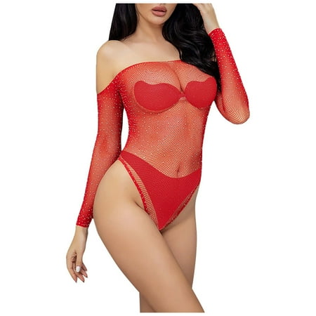 GuessLookry 2023 Y2K Vibe Sexy Womens Lingerie Fishnet Seamless Mesh Netting Chemise Rhinestones Hollow Out Babydoll Bodysuit Sleepwear New Year Gift