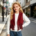 thumbnail image 5 of Coerni Girls Fringe Vest Notched Collar Faux Suede Tassel Gilet Sleeveless Open-Front Leather Jacket Halloween Hippie Party Cowgirl Waistcoat, 5 of 7