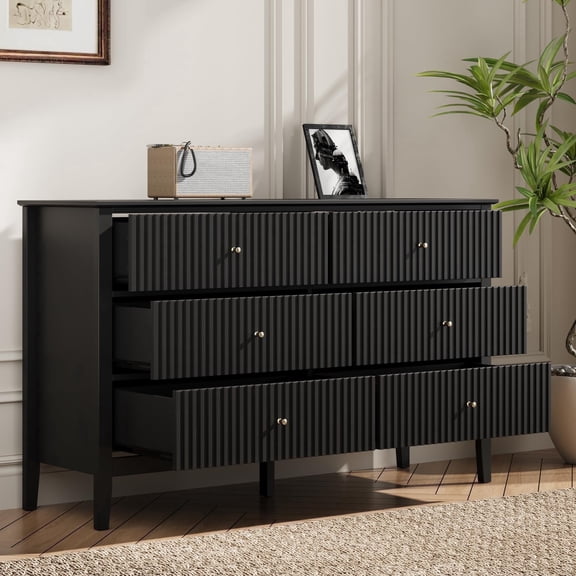 Cozy Home Black Fluted 6 Drawer Dresser, Wide Modern Storage Cabinet for Bedroom Living Room Hallway Entryway
