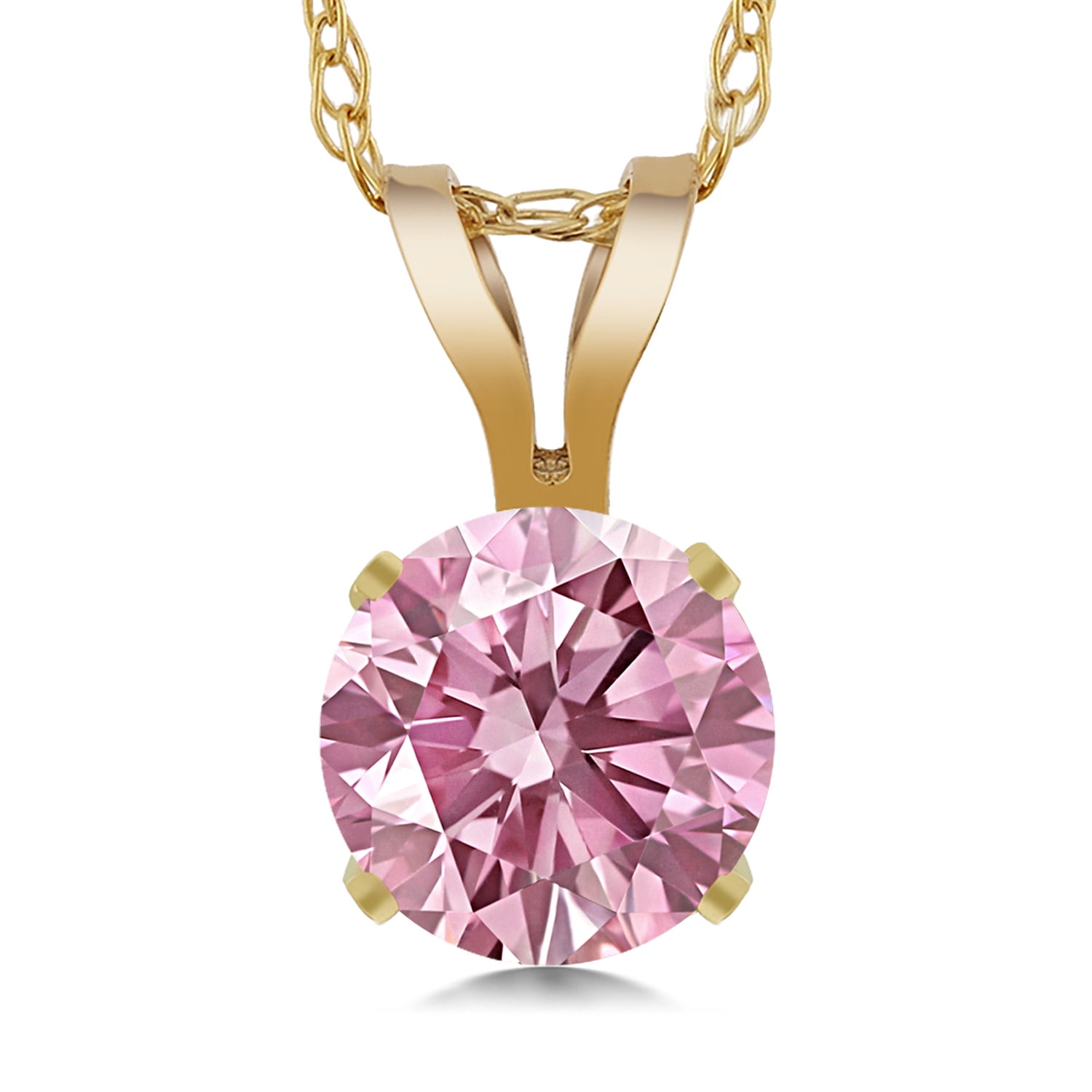 Gem Stone King 14K Yellow Gold Pink Lab Grown Diamond Pendant Necklace for Women | 0.50 Cttw | Gemstone April Birthstone | Round 5MM | With 18 inch Chain