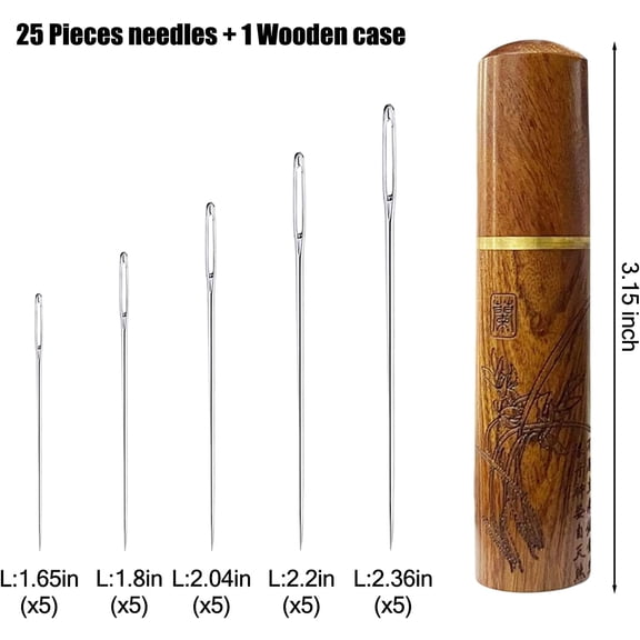 Sewing Needles Large Eye Hand Sewing - 25 Pieces Embroidery Needles for Hand Sewing,Hand Sewing Needles,Large Eye Sewing Needles with Wooden Needle Case Carving Pattern -