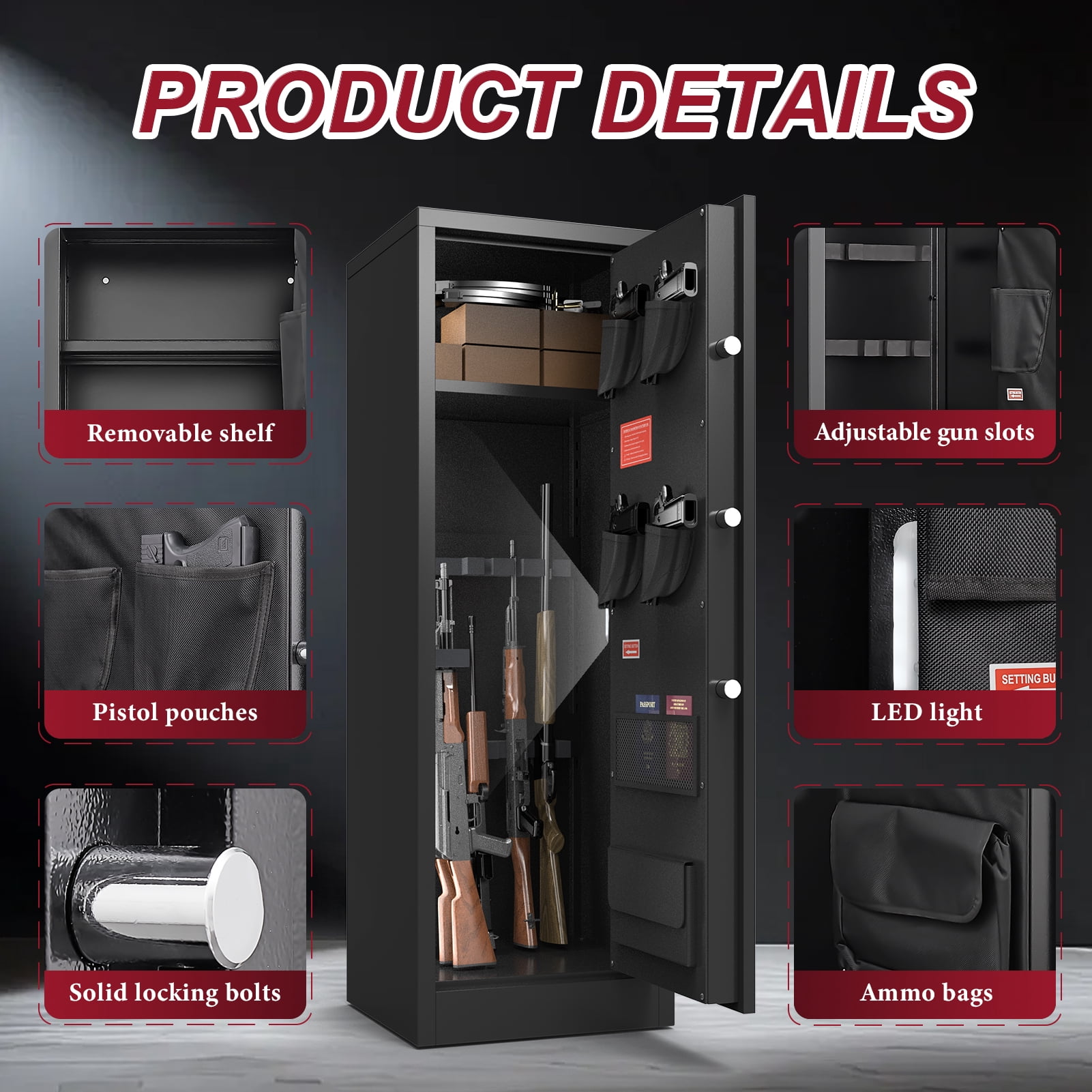 Foorsun 10-12 Electronic Gun Safe for Rifles and Pistols, Gun Cabinet for Home with Adjustable Shelves, Unassembled Gun Safes for Rifle and Password Lock, Alarm System & Mute Mode