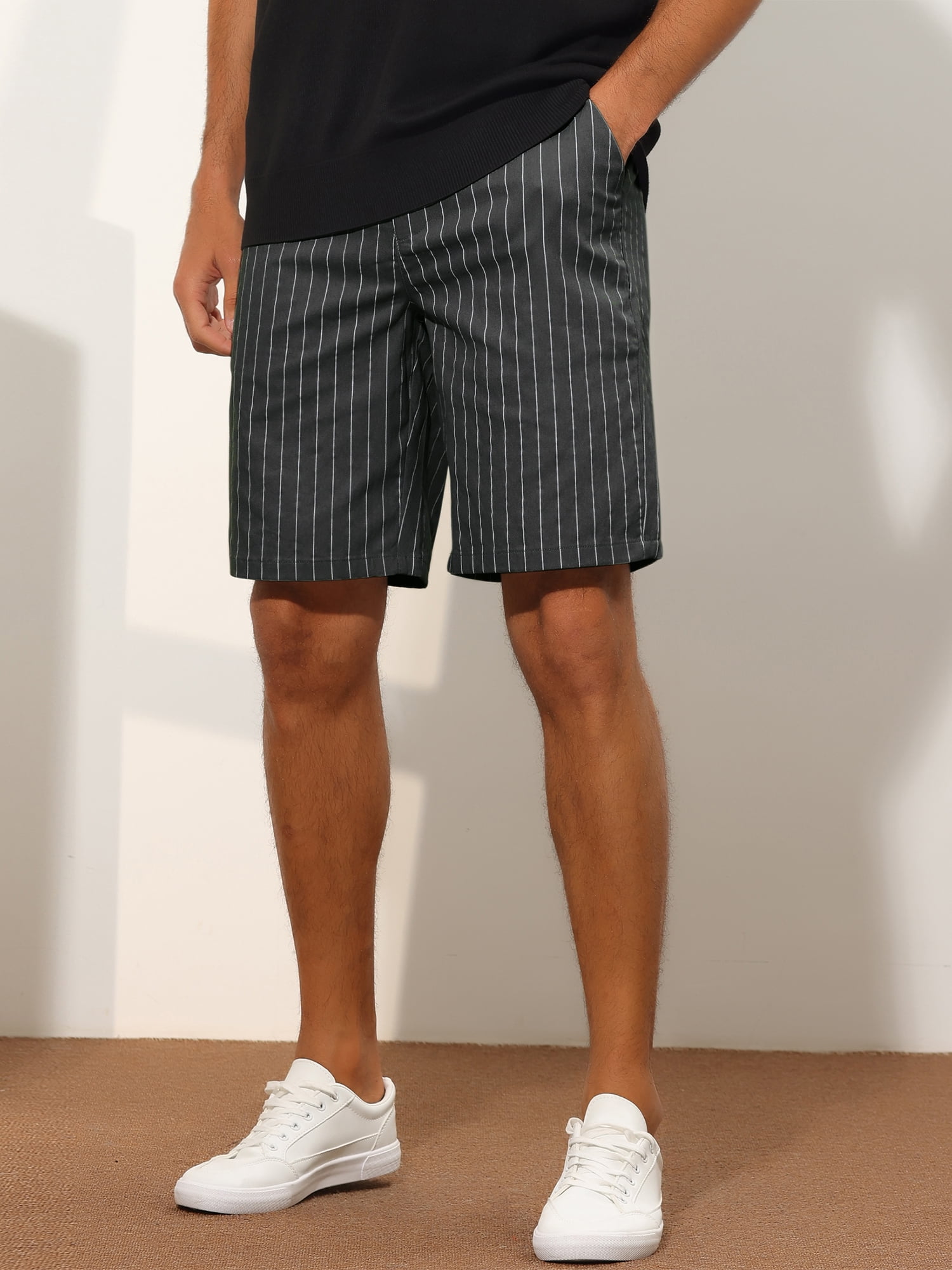 Unique Bargains Men's Striped Dress Shorts Regular Fit Business Chino Shorts 32 Black
