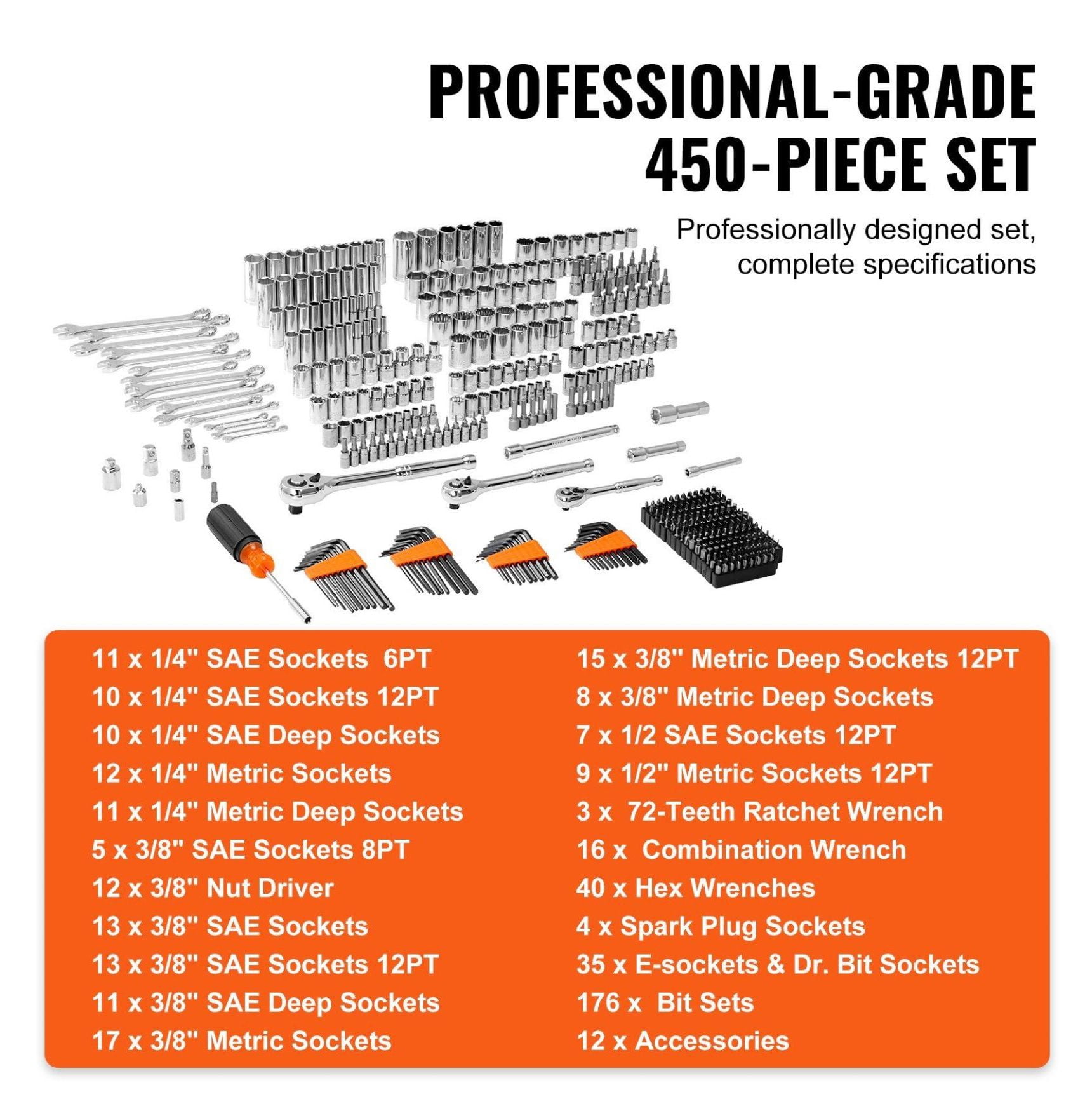 Mechanic Tool Set - 450 Pcs Socket Set, 1/4" 3/8" 1/2" Drive SAE & Metric, with Bits & Wrenches - Auto Repair & DIY Toolkit w/ Storage Case