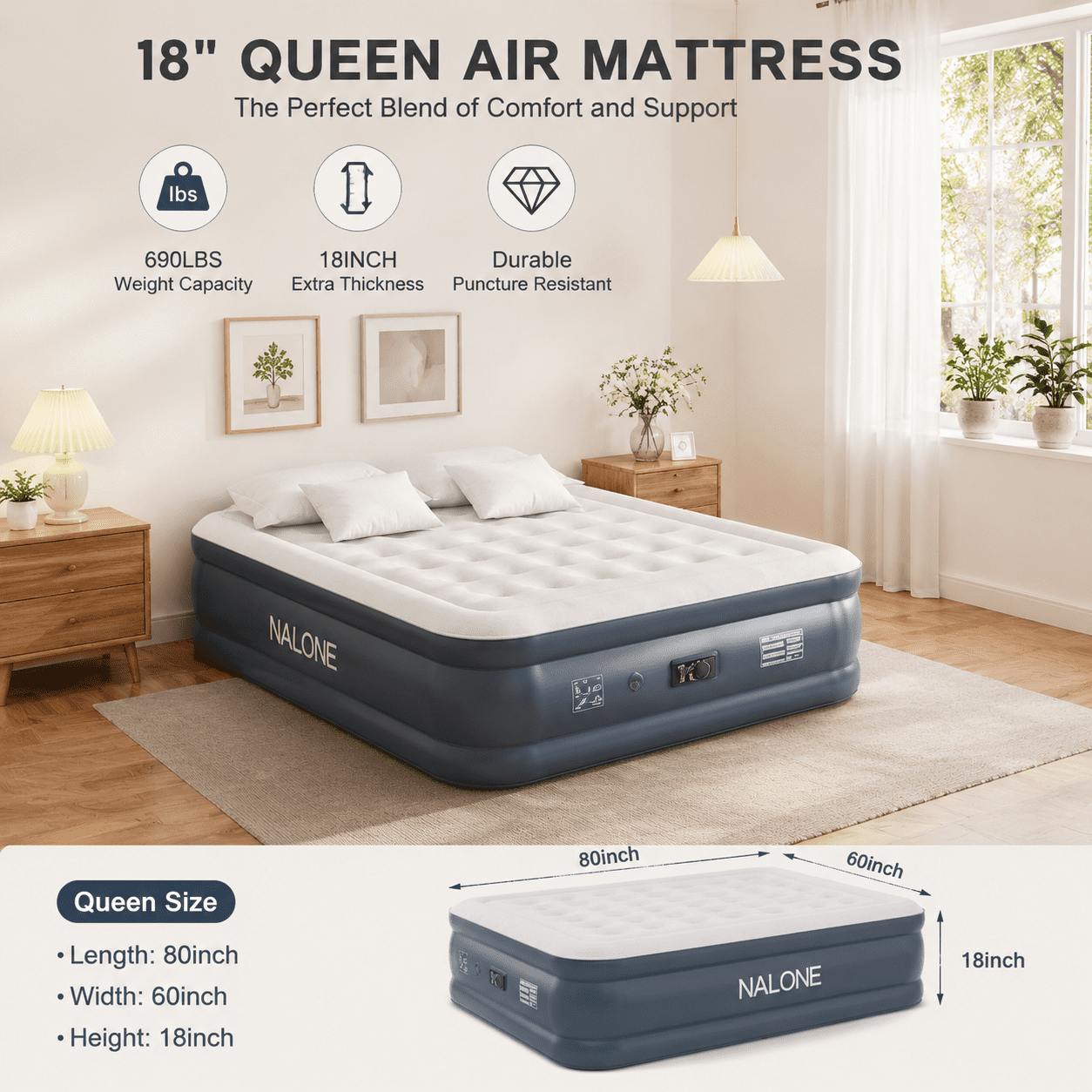 Nalone Queen Air Mattress with Built in Pump, 18-Inch Elevated Inflatable Bed Blow Up Mattress, Puncture-Resistant, Quick Inflation/Deflation, Portable for Camping & Trip & Home
