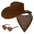 thumbnail image 3 of Baberdicy Western Cowboy Hat Scarf & Sunglasses Set, 3 Piece Costume Accessory for Men Women Coffee Universal Fit, 3 of 5