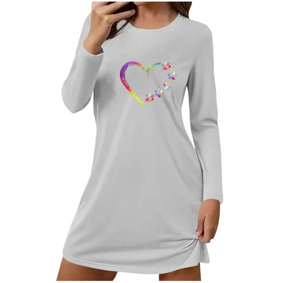 Womens Pajamas Straight Slim Sleepshirts Cute Heart Dog Paws Printed Long Sleeved Nightdress Round Neck Loose Comfortable Short Loungewear Soft Sleepwear