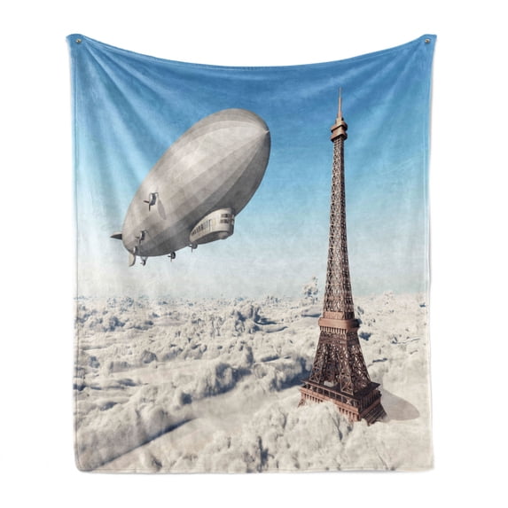 Paris Soft Flannel Fleece Throw Blanket, Zeppelin and Eiffel Tower over Clouds Sky Dreamy Famous Place on Earth Picture, Cozy Plush for Indoor and Outdoor Use, 50" x 60", Blue and Grey, by Ambesonne