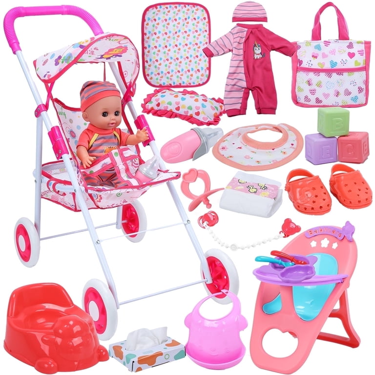 Joystone Baby Doll Play Set with 12.5" Baby Doll, 21'' Foldable Doll Stroller, High Chair, 35 PCS Baby Doll Accessories and 2 Sets Doll Clothes,