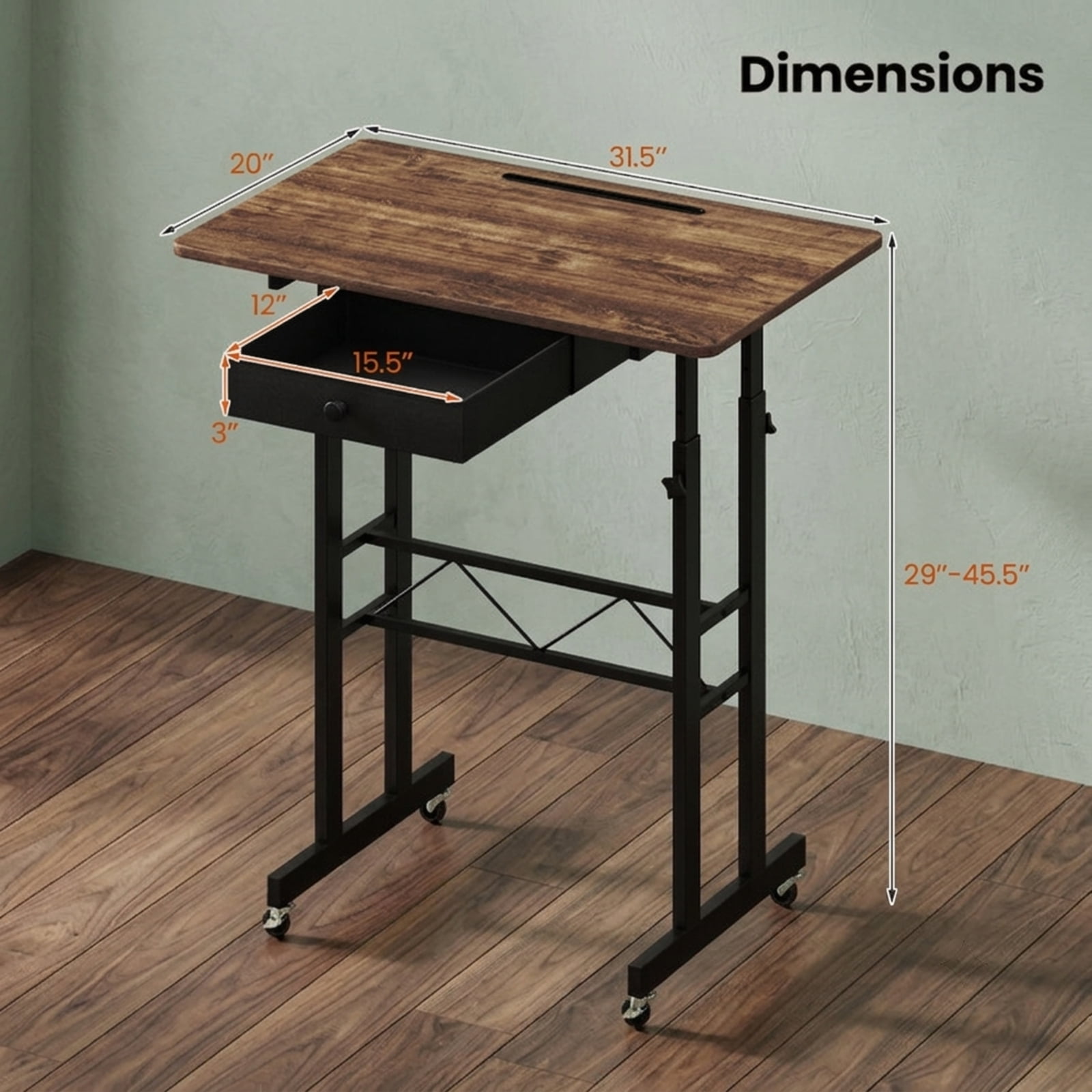 Furnibear Height Adjustable Standing Laptop Desk with Fabric Drawer Tablet Holder Lockable Wheels and Sit Stand Design for Home Office, Rustic Brown