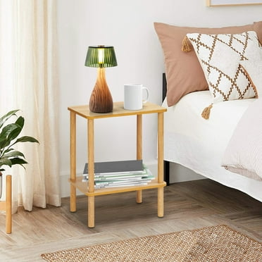 HONEIER 2 Tier Side table, Boho End Table with Storage Shelf, Nightstand with Wood Leg Bedside Table for Small Spaces, Bedroom, Living Room, Entryway, Farmhouse, Easy Assembly, Natural