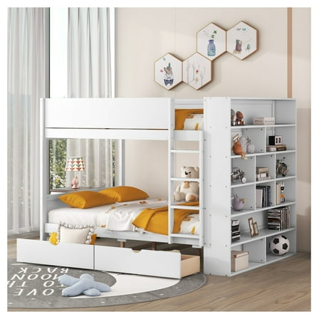 Full Over Full Bunk Bed with 2 Drawers & Multi-Layer Cabinet, White